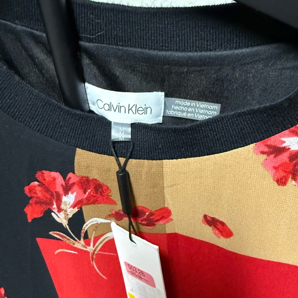 Calvin Klein Floral Colorblock Blouse in Black, Red & Tan - Picture 2 of 5